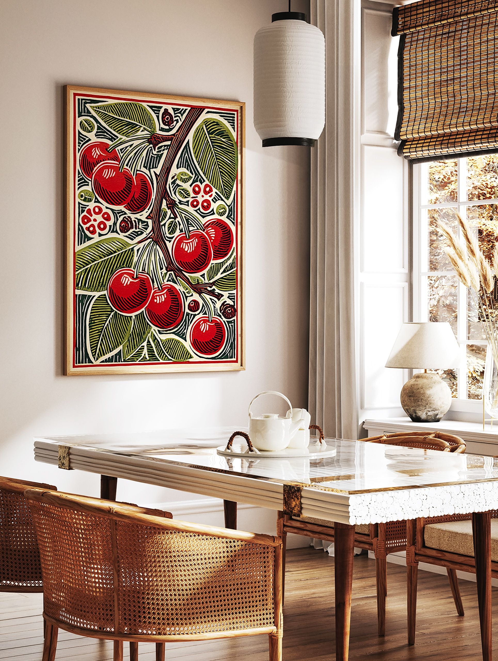 Vibrant cherry wall art print featuring red cherries and green leaves on a branch in a stylized botanical illustration. - Image 3