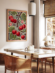 Vibrant cherry wall art print featuring red cherries and green leaves on a branch in a stylized botanical illustration. - Image 3