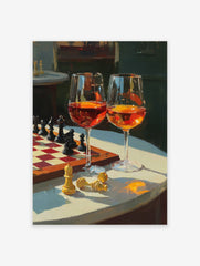 A Chess and Wine poster showing a chess board with pieces, two wine glasses, and fallen golden chess pieces on a table.
