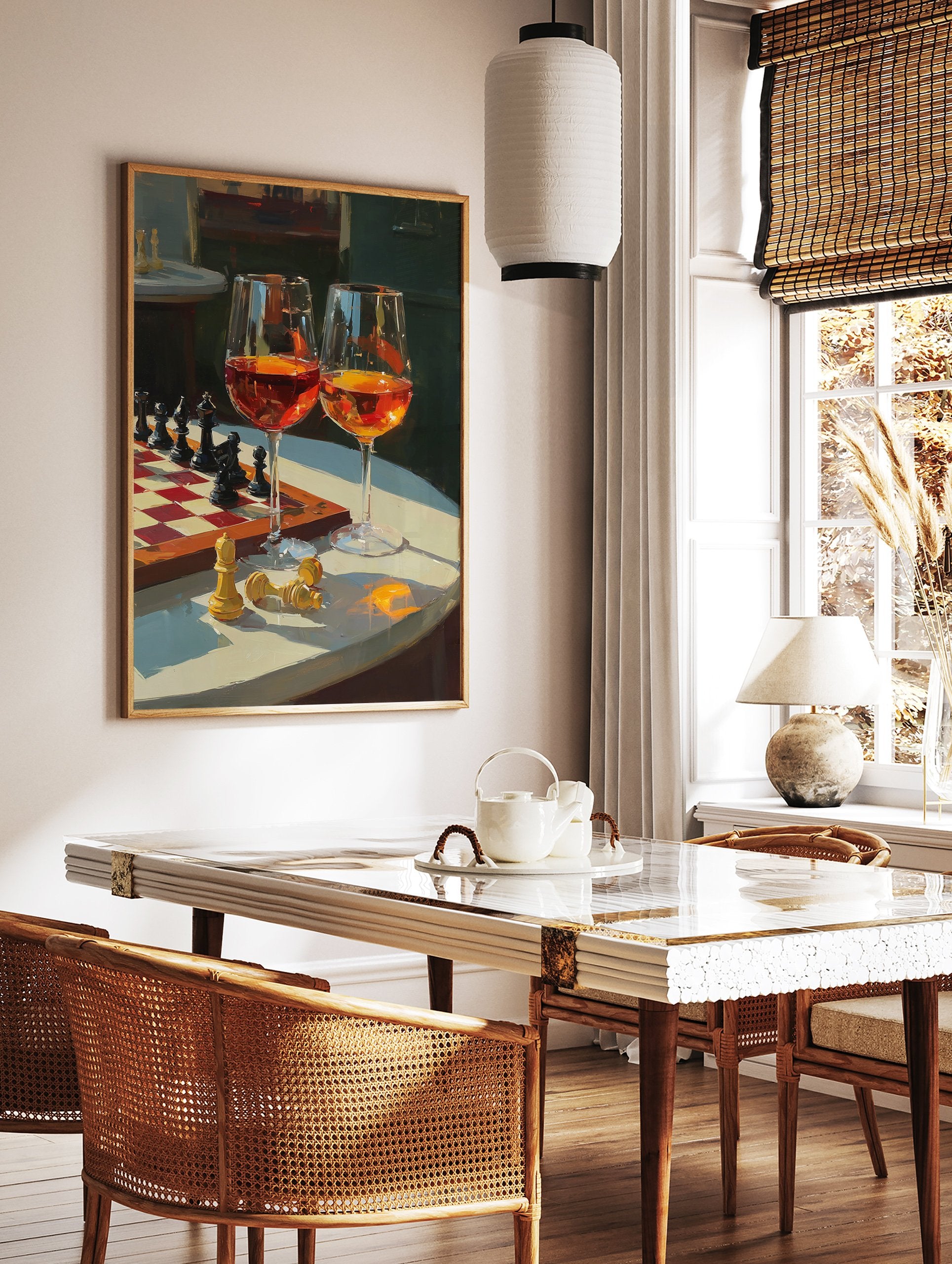 A Chess and Wine poster showing a chess board with pieces, two wine glasses, and fallen golden chess pieces on a table. - Image 2