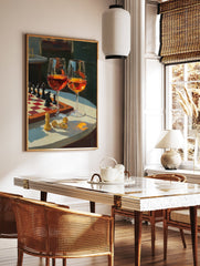 A Chess and Wine poster showing a chess board with pieces, two wine glasses, and fallen golden chess pieces on a table. - Image 2