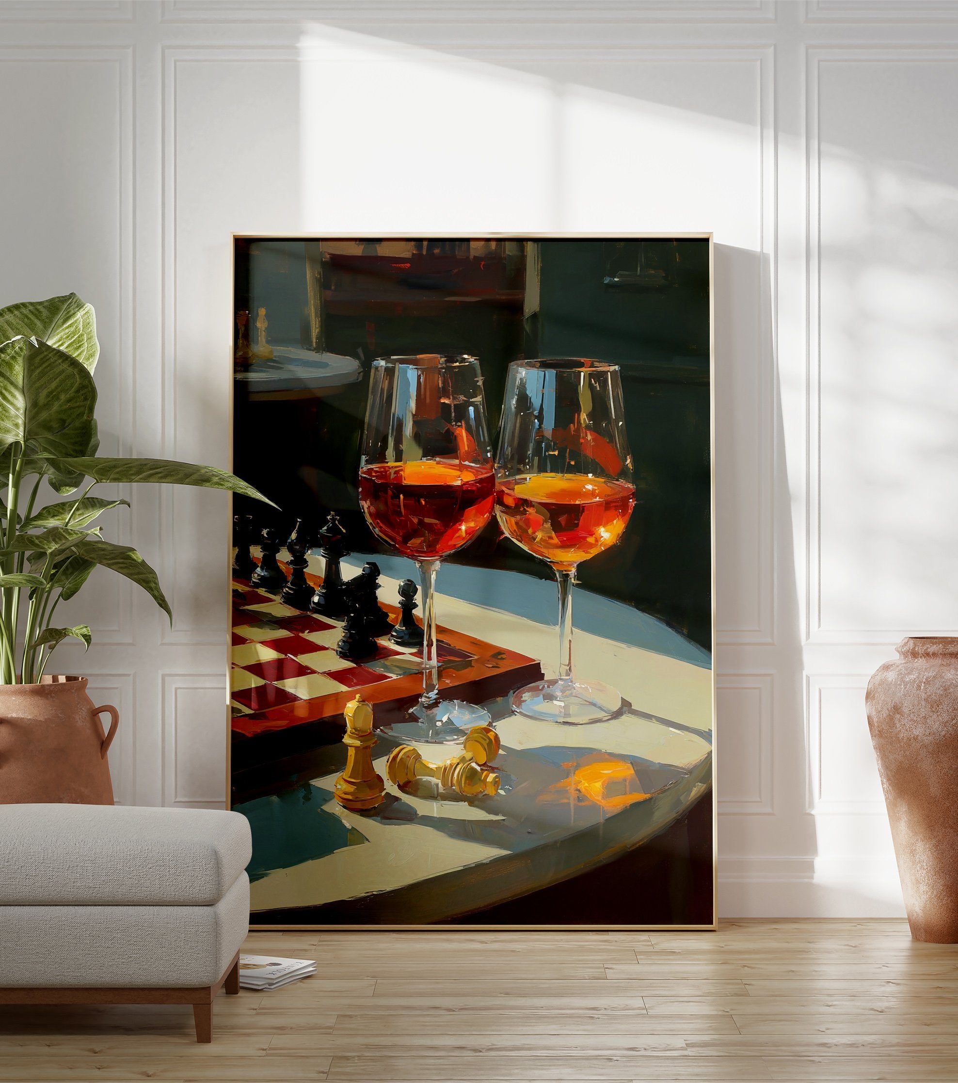 A Chess and Wine poster showing a chess board with pieces, two wine glasses, and fallen golden chess pieces on a table. - Image 3