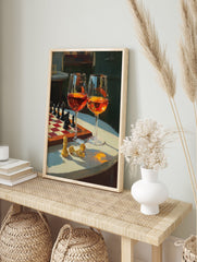 A Chess and Wine poster showing a chess board with pieces, two wine glasses, and fallen golden chess pieces on a table. - Image 4