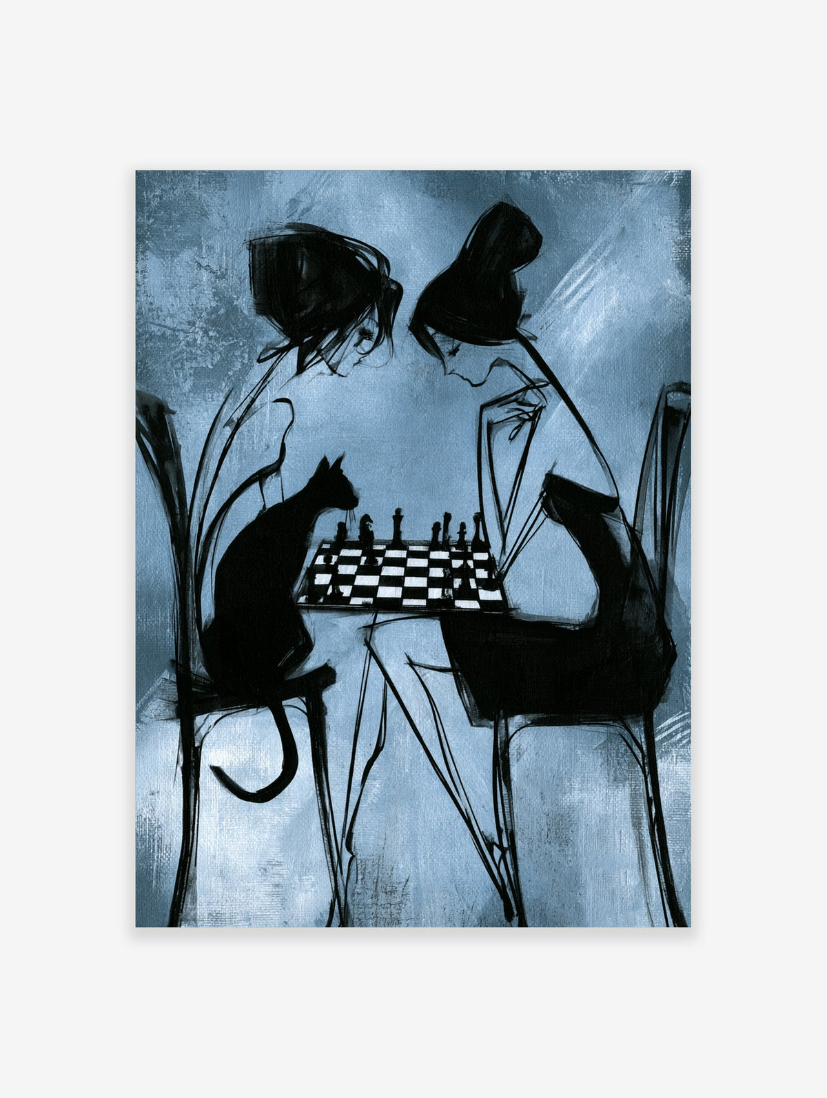 Blue and black ink illustration of two figures playing chess with a black cat on a chair