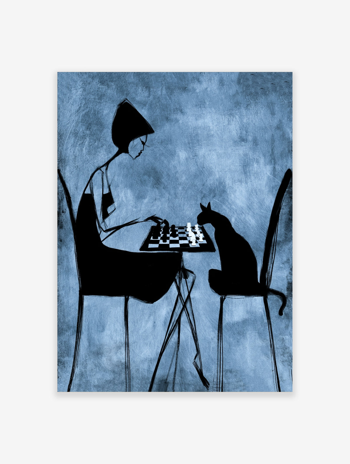 Blue silhouette poster of a woman and cat playing chess on a textured background