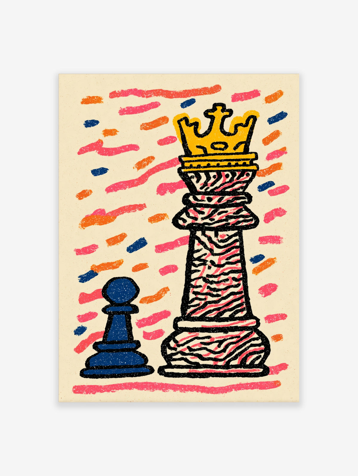 Chess king with yellow crown and blue pawn, abstract print with pink and orange dashes on cream background