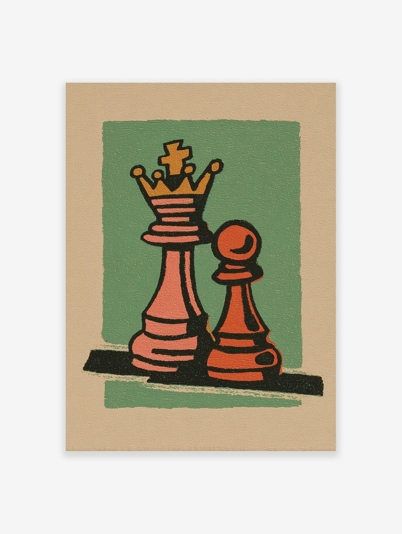 Retro chess poster with pink king and orange pawn on green background