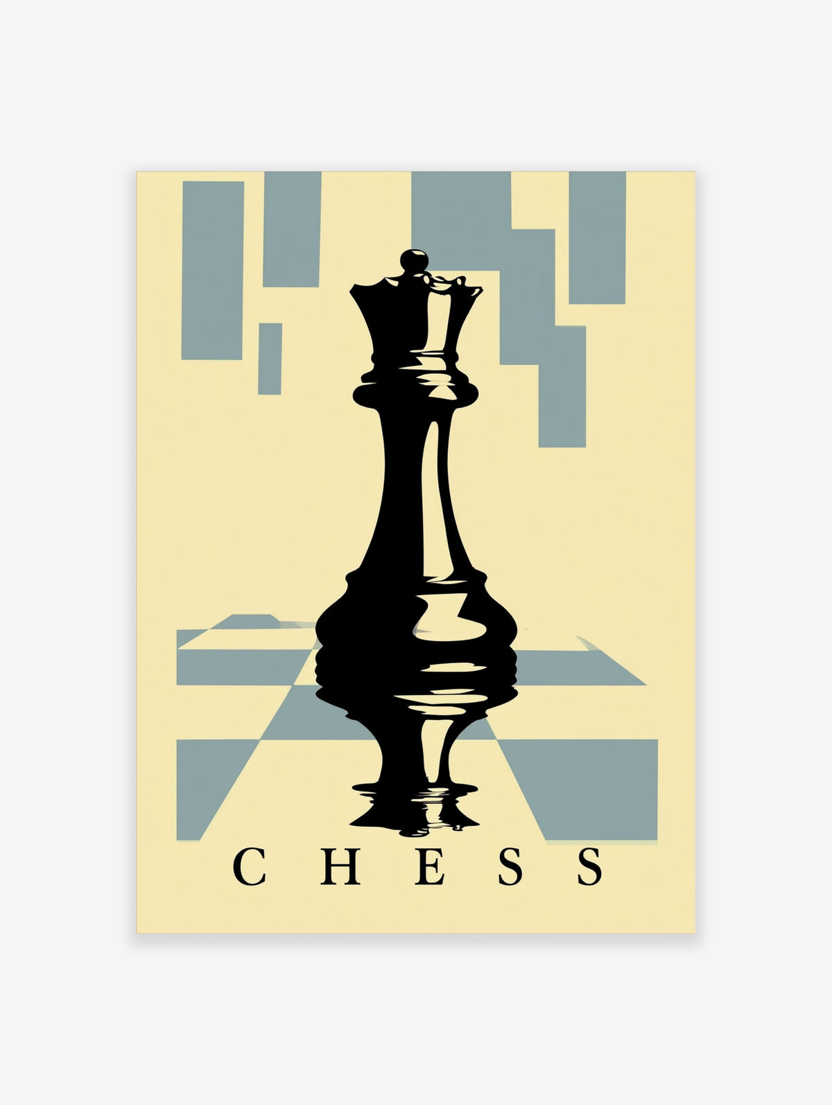 Black chess king silhouette with reflection and blue geometric blocks on cream background, CHESS text below