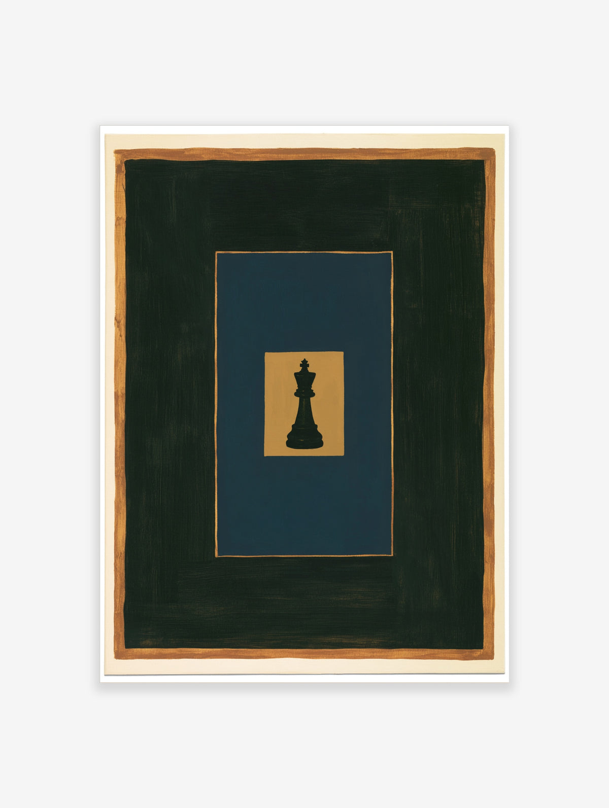 Minimalist black chess king piece on layered gold, blue, and dark grey rectangles, art print for modern home decor