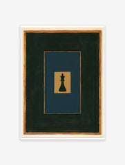 Minimalist black chess king piece on layered gold, blue, and dark grey rectangles, art print for modern home decor