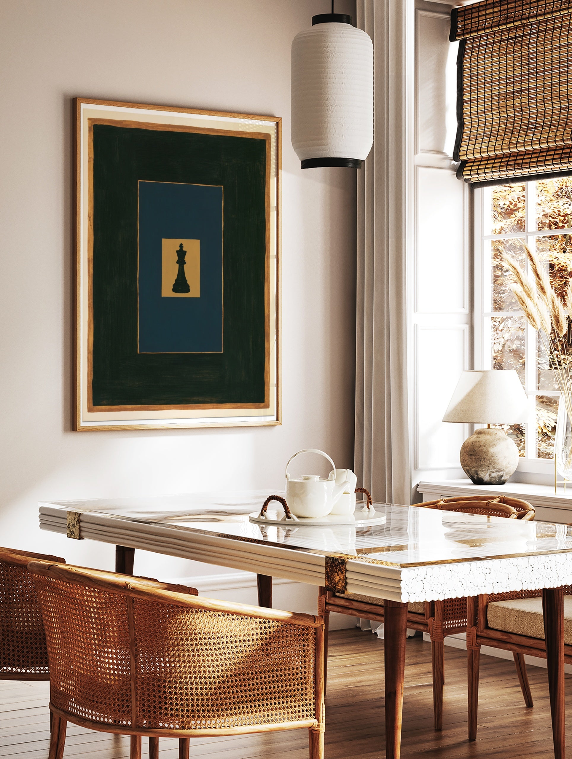 Minimalist black chess king piece on layered gold, blue, and dark grey rectangles, art print for, in a styled room mockup