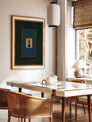Minimalist black chess king piece on layered gold, blue, and dark grey rectangles, art print for, in a styled room mockup