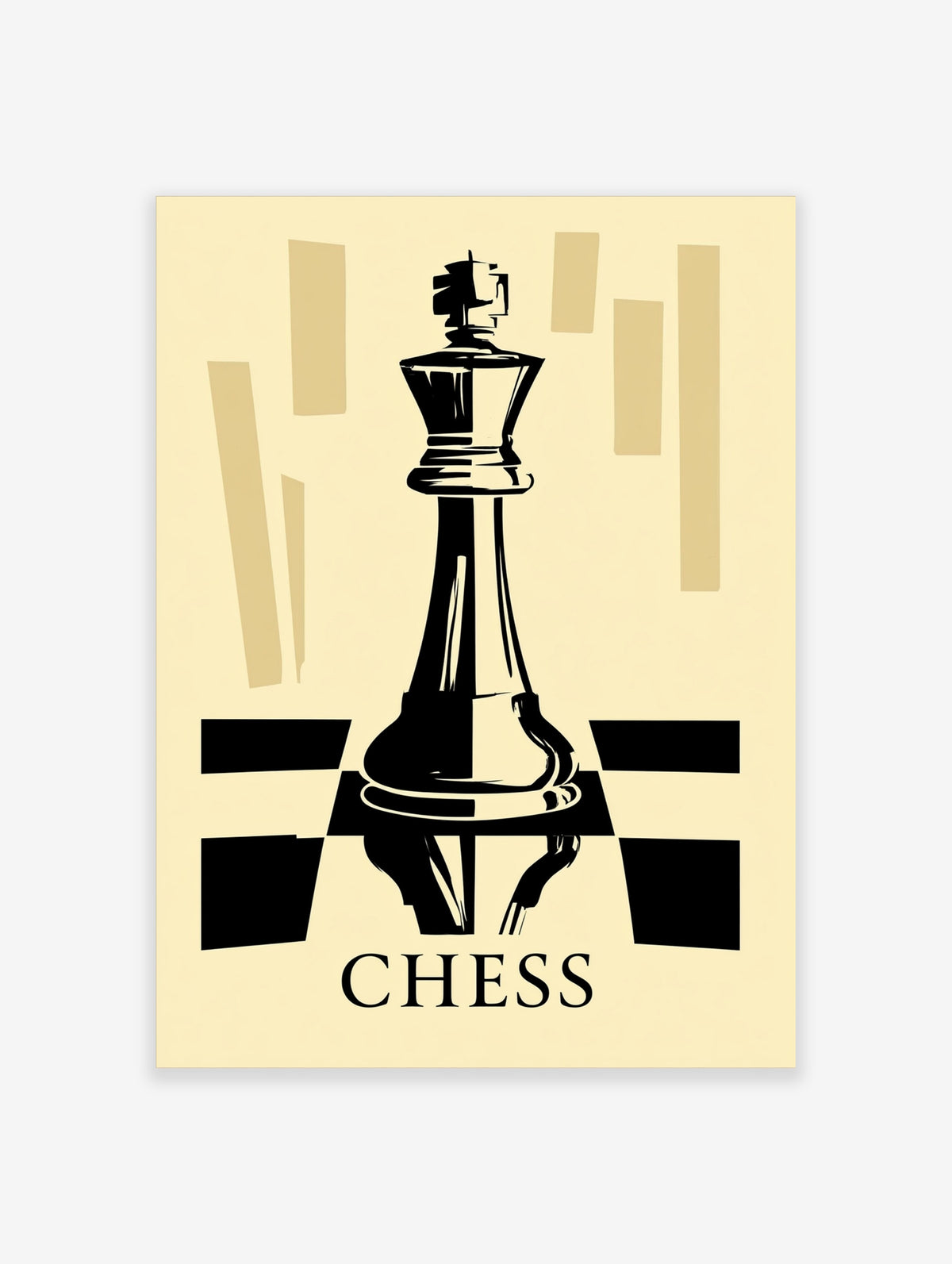 Chess king poster with black and beige brush strokes, geometric blocks, and CHESS text