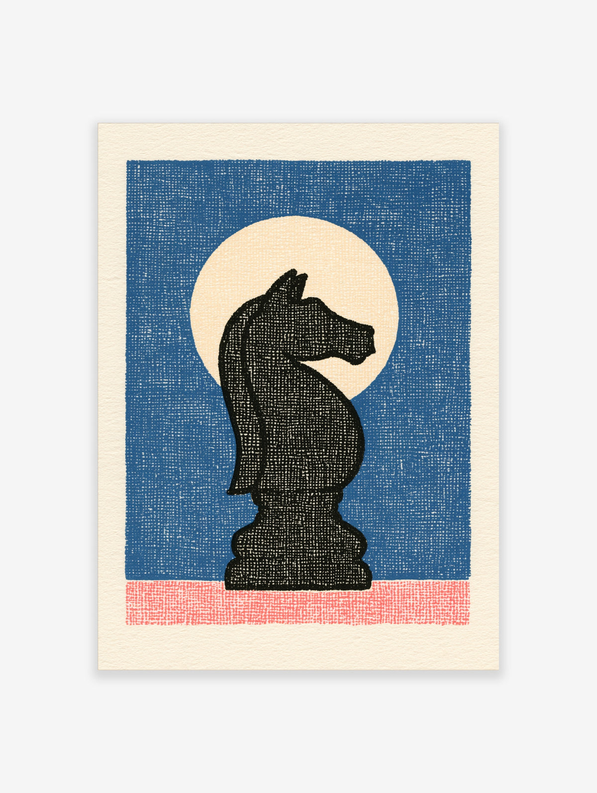 Black chess knight silhouette on blue textured background with cream circle and coral pink base