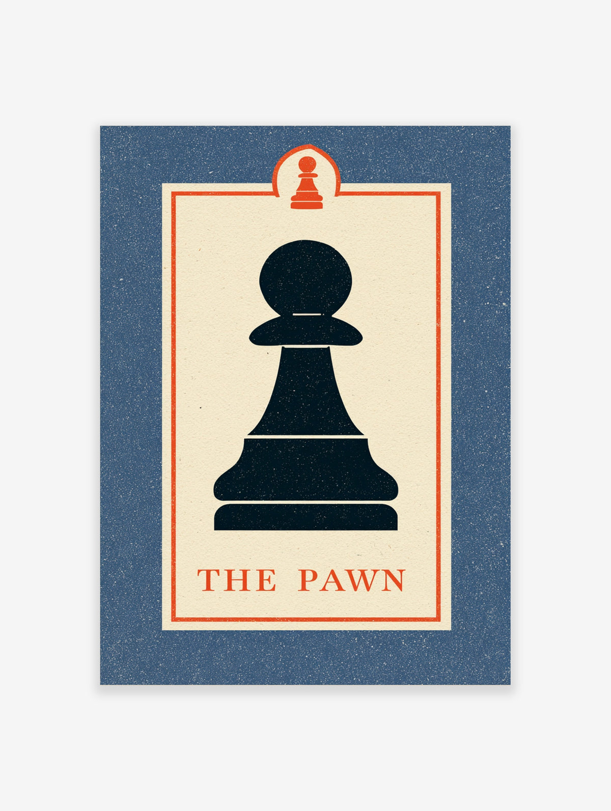 Minimalist chess pawn poster with black silhouette on cream background and orange border