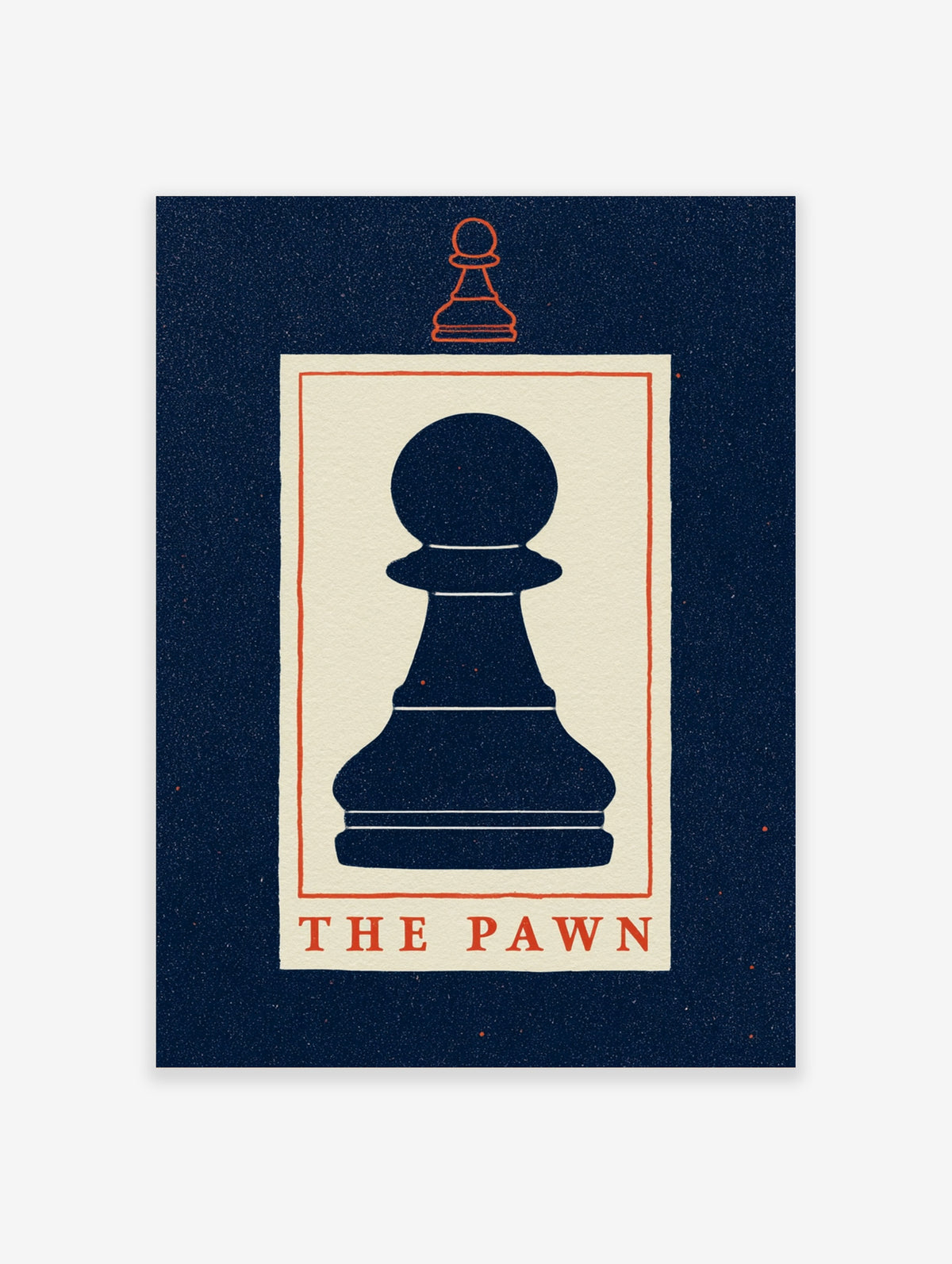 Navy blue chess pawn poster with cream background, orange border and THE PAWN text