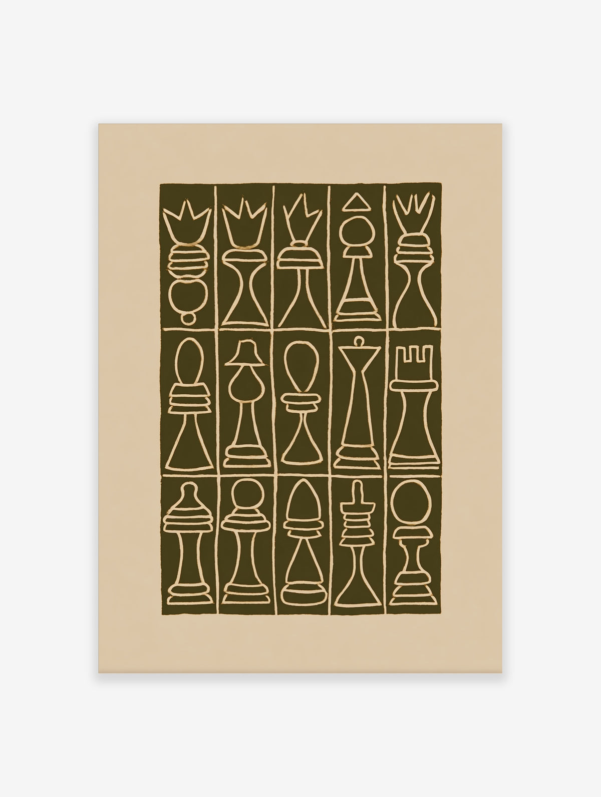 Minimalist chess piece line drawing grid art print in cream on olive green background