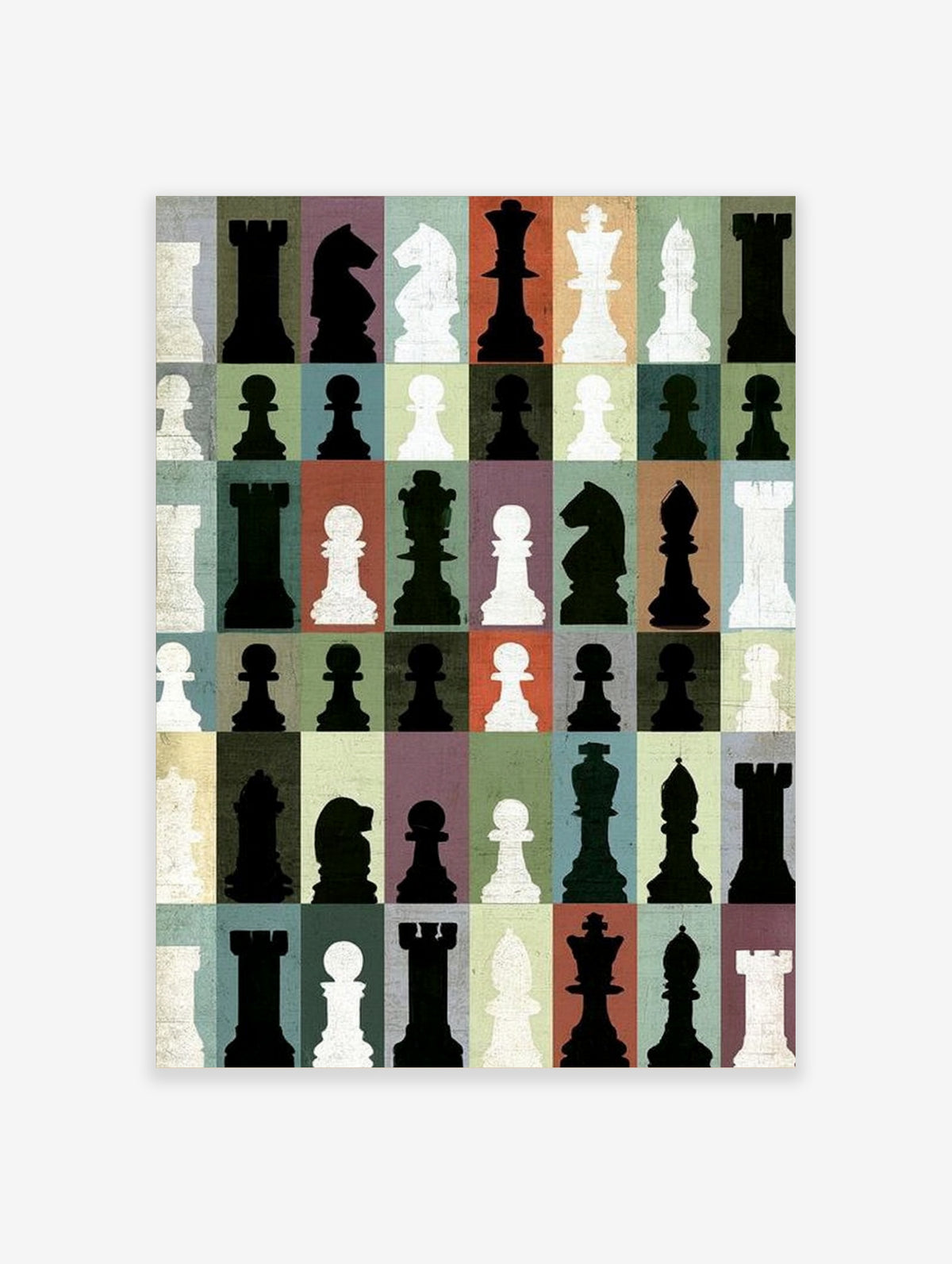 Chess piece silhouettes in black and white on a colourful grid of green, orange, purple and blue squares