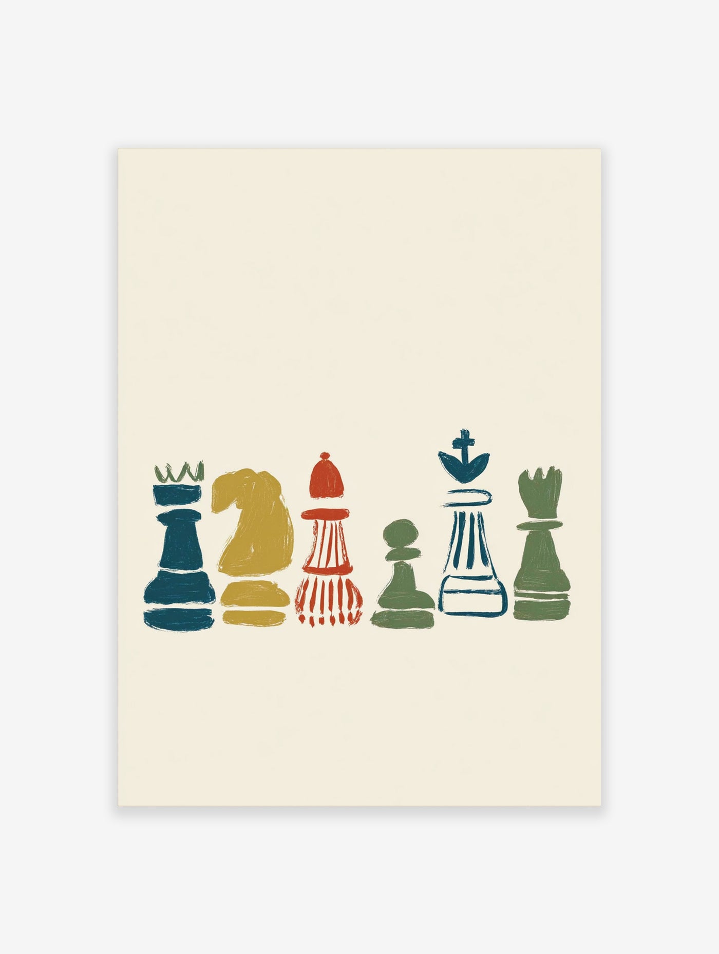 Colourful chess pieces wall art print with queen, knight, bishop, pawn, king, and rook on cream background