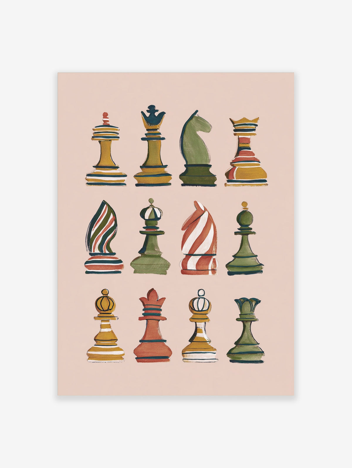 Colourful chess pieces illustration poster with twelve pieces in grid, earthy tones, unframed art print