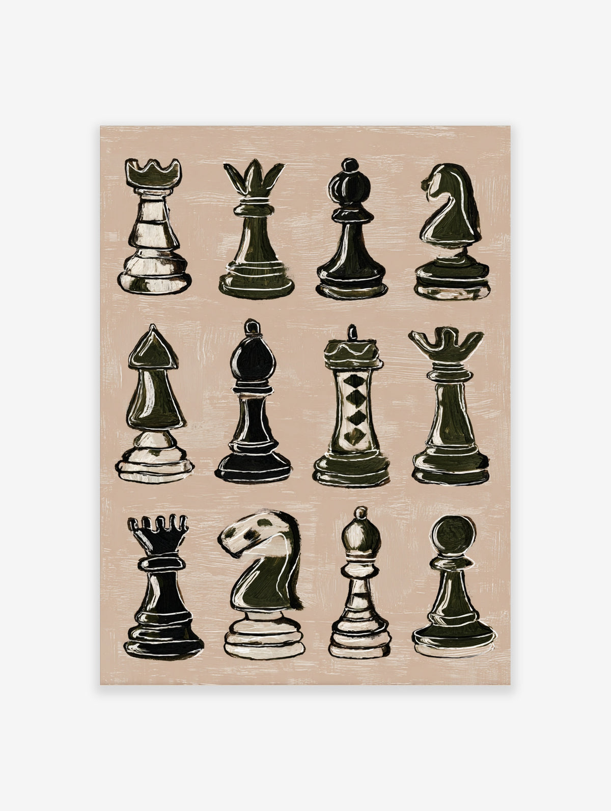 Illustrated chess pieces grid on beige background, black and white sketch style