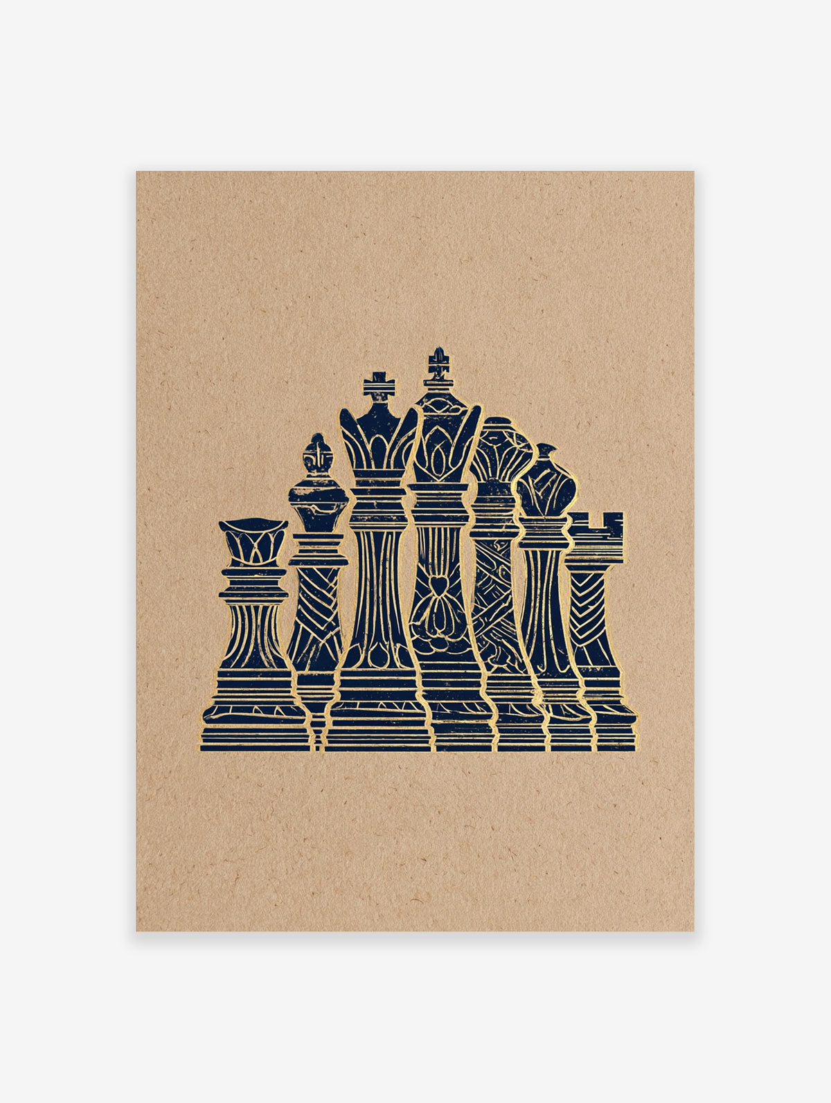 Navy blue chess pieces with gold outlines on beige background, unframed poster
