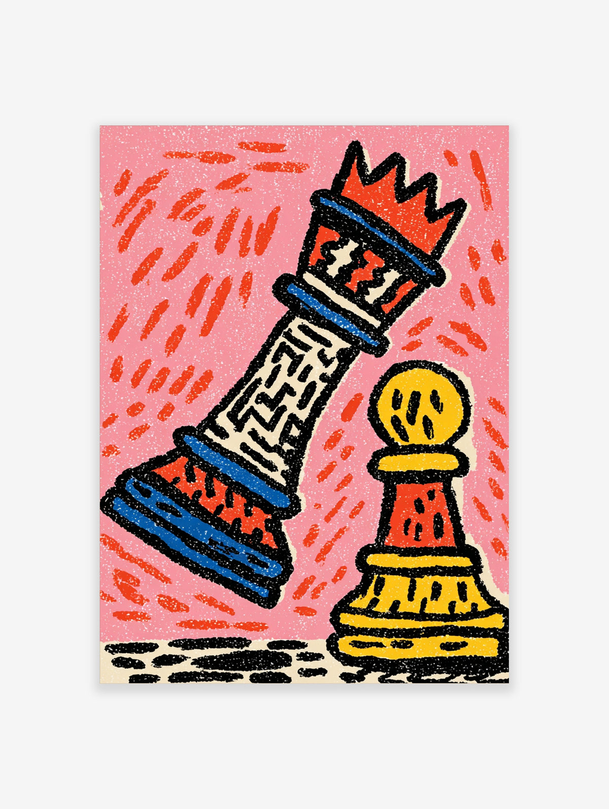 Pink abstract chess pieces art print with king and pawn in red, blue, yellow