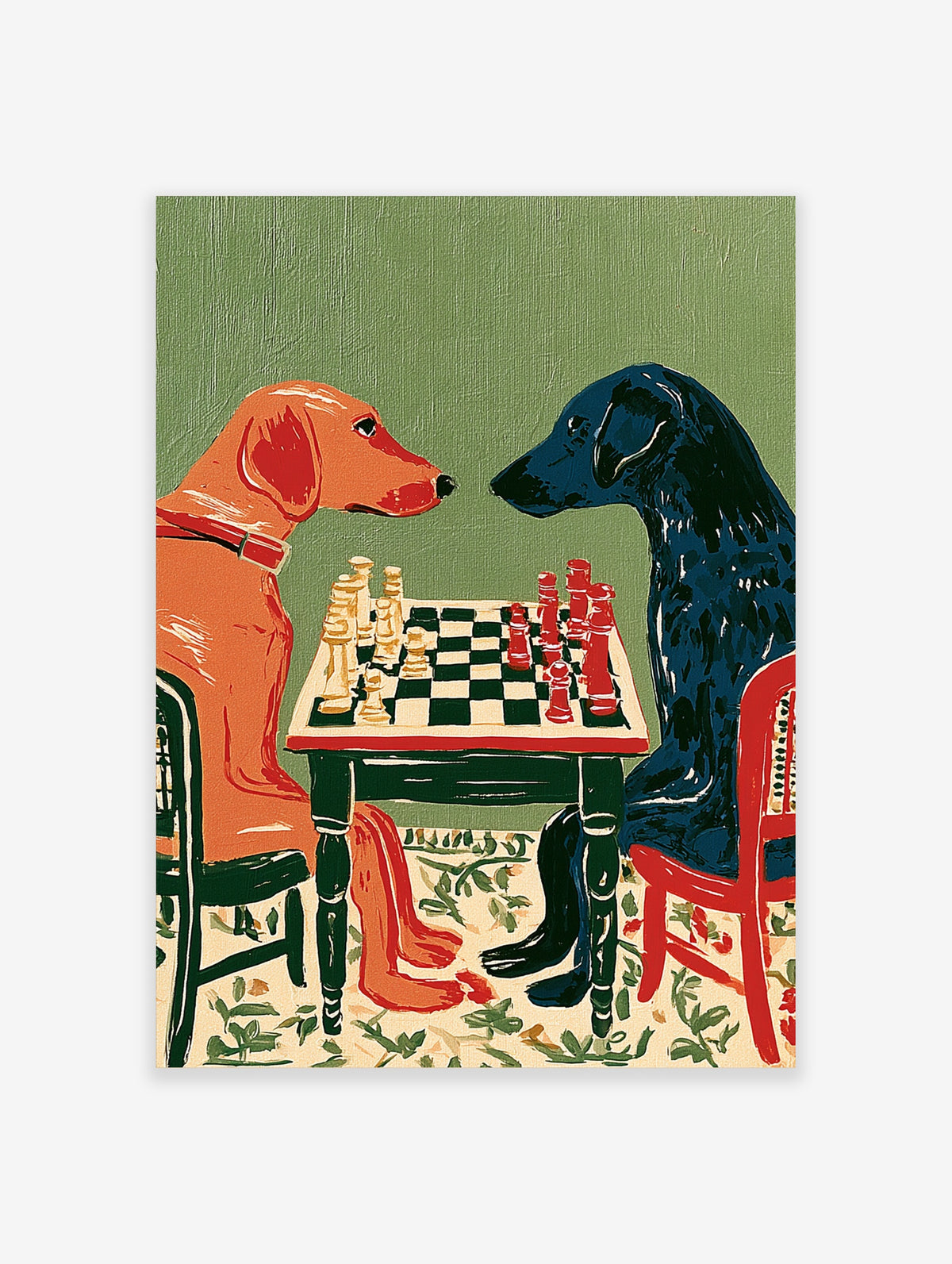Stylised illustration of a red dog and a blue dog playing chess on a green background