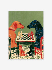 Stylised illustration of a red dog and a blue dog playing chess on a green background