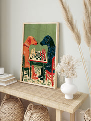 Stylised illustration of a red dog and a blue dog playing chess on a green background, in an alternate framed mockup