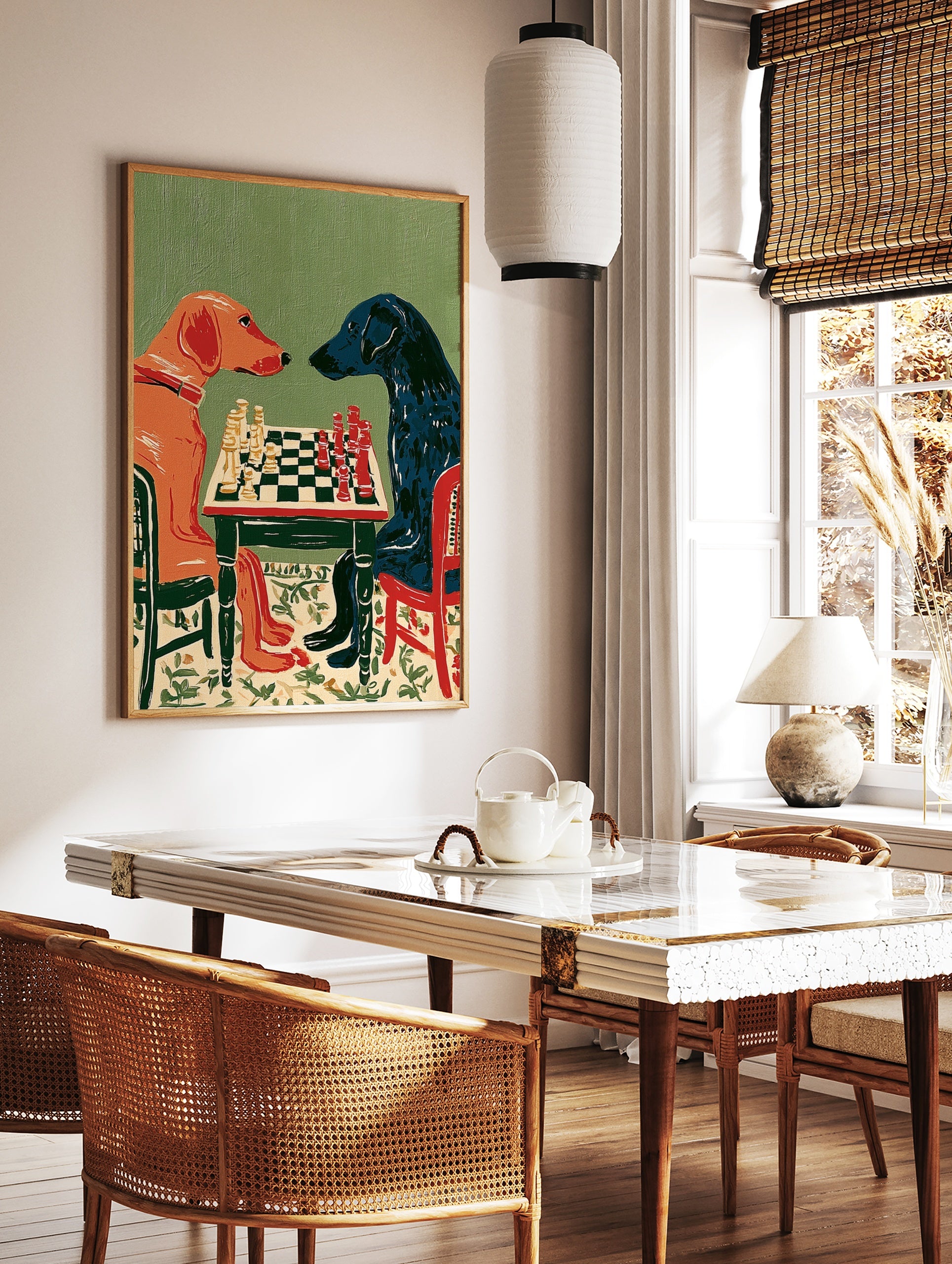 Stylised illustration of a red dog and a blue dog playing chess on a green background, in a styled room mockup