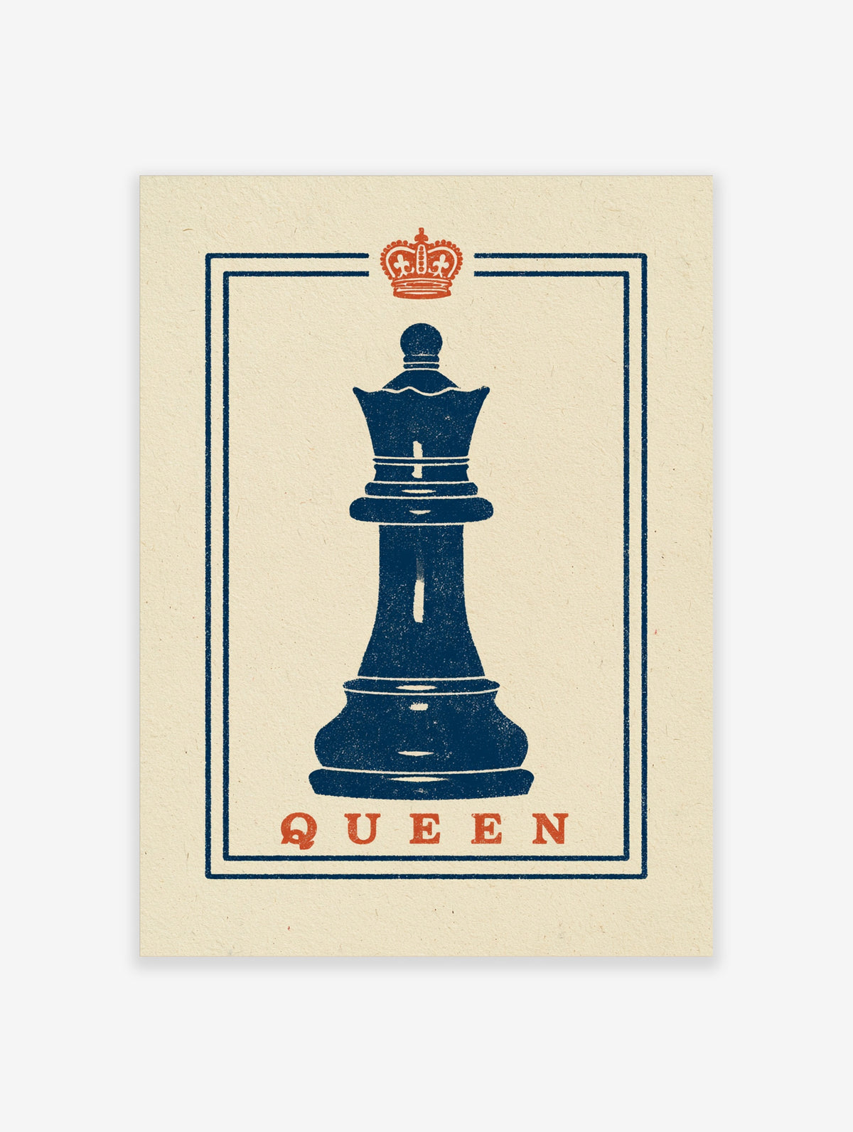 Navy blue chess queen poster with orange crown and QUEEN text on cream background