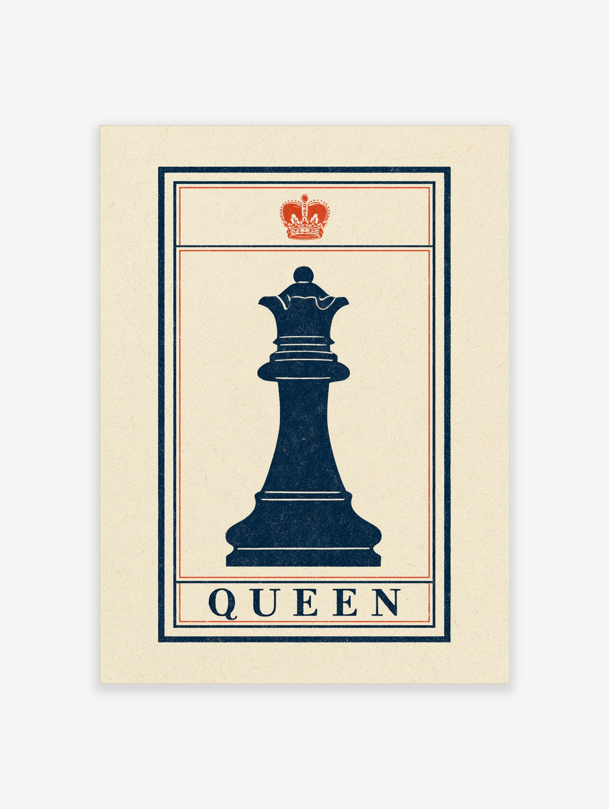 Navy blue chess queen silhouette poster with red crown and QUEEN text on cream background