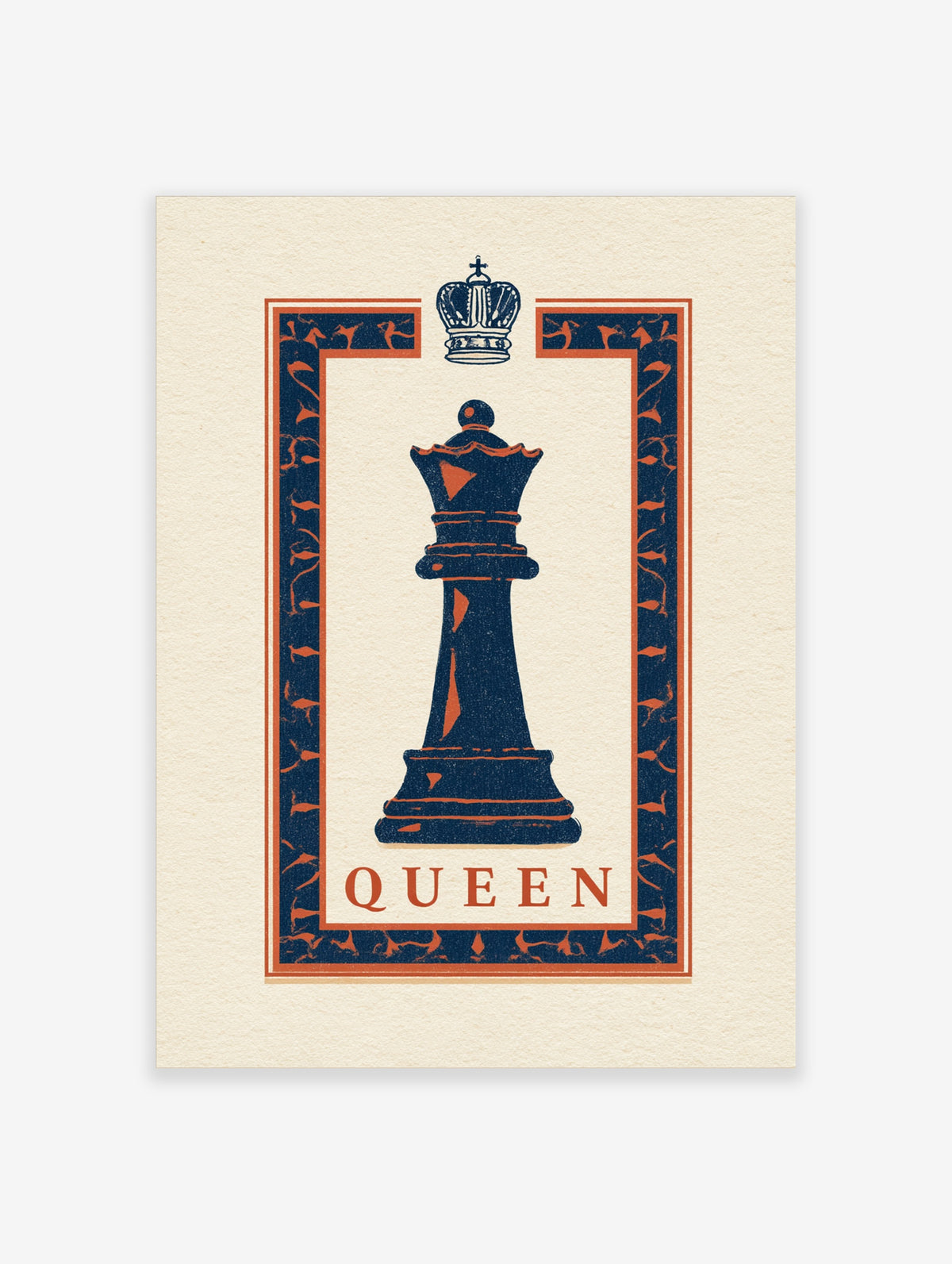Navy blue chess queen poster with orange accents, crown motif, and QUEEN text on cream background