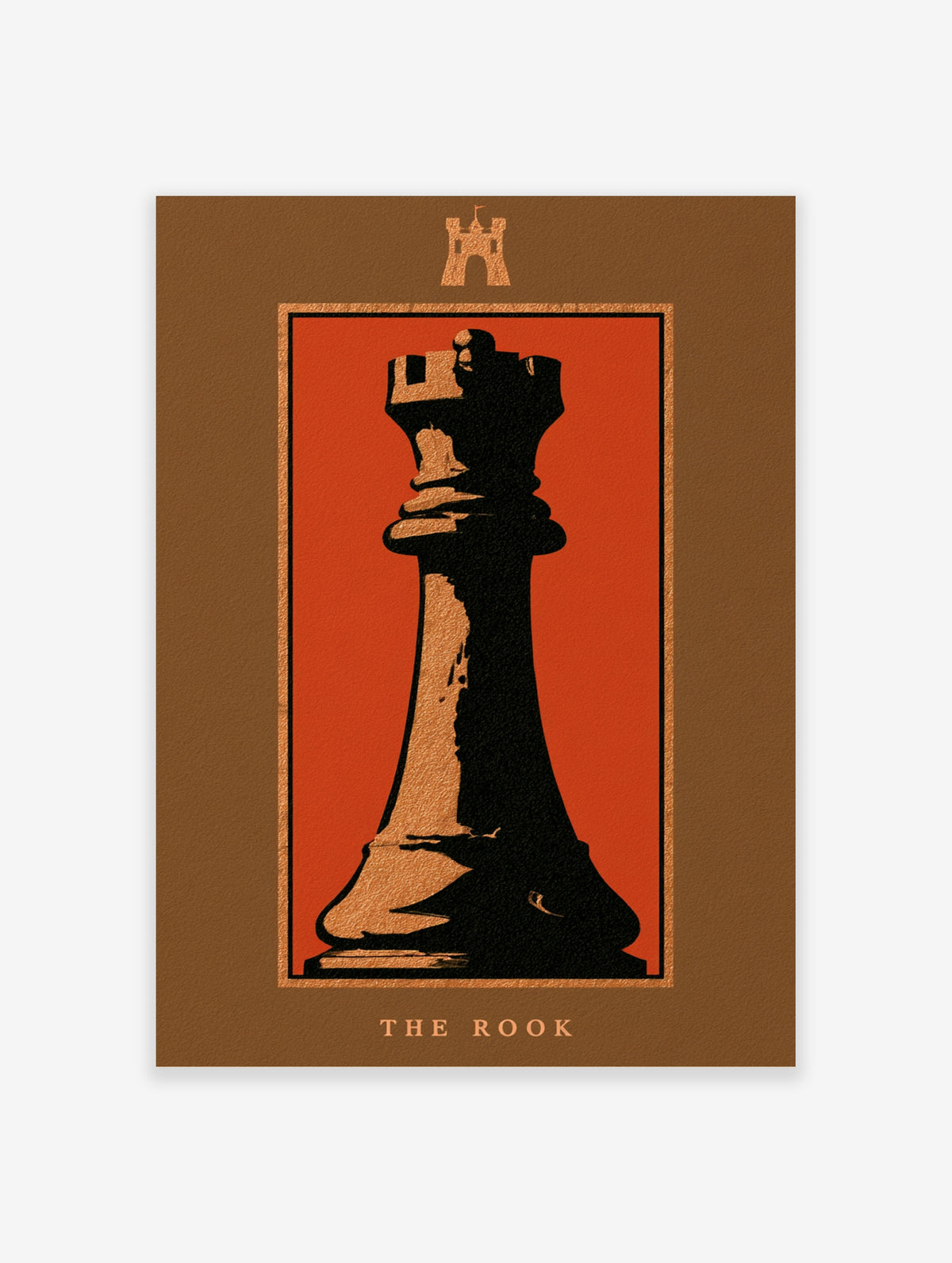 Chess rook poster with black silhouette on burnt orange background, castle icon and THE ROOK text