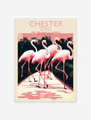 Chester Zoo poster with vintage illustration of four pink flamingos on a path with dark tropical foliage and a pink sky.