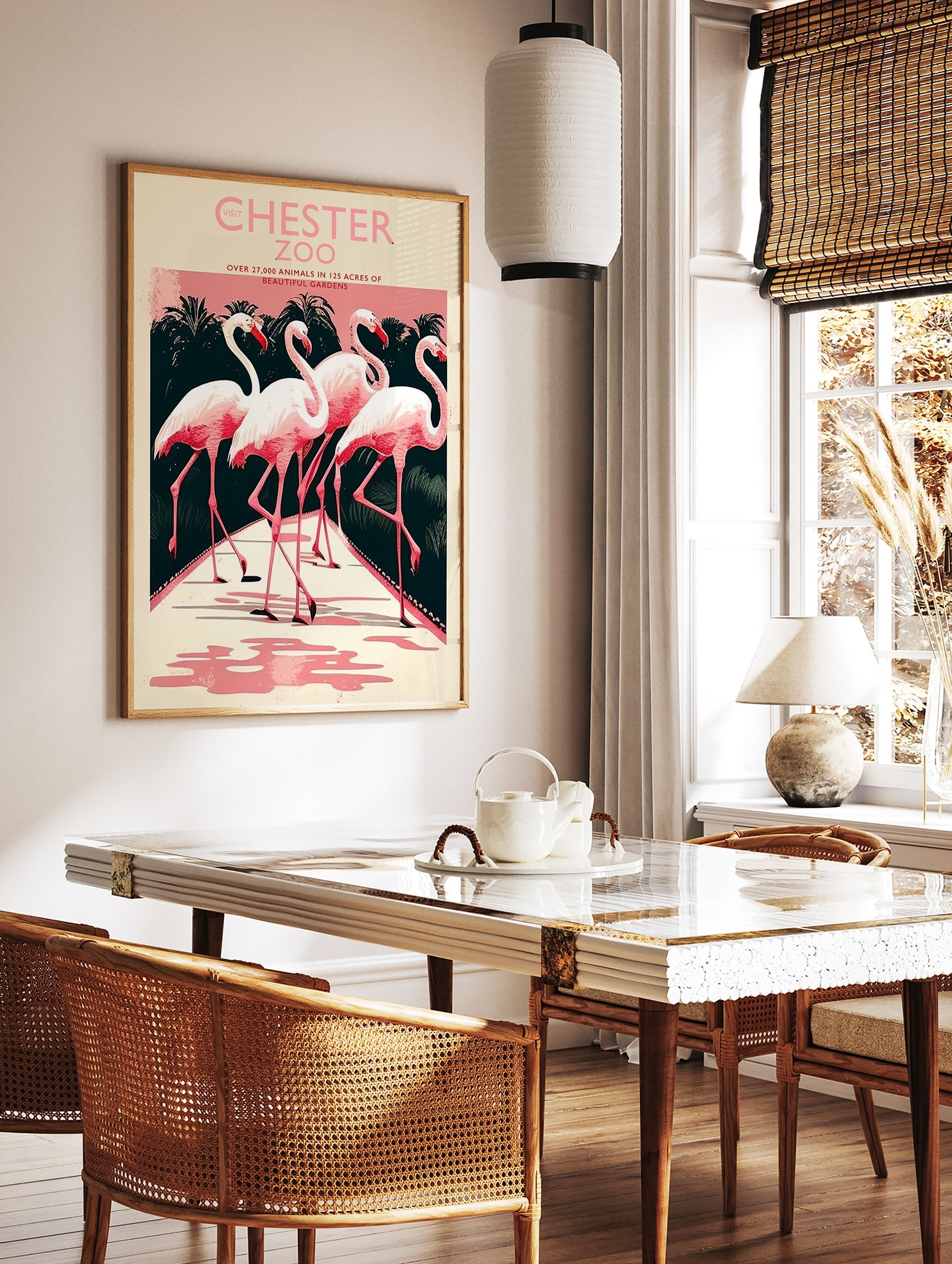 Chester Zoo poster with vintage illustration of four pink flamingos on a path with dark tropical foliage and a pink sky. - Image 2