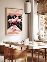 Chester Zoo poster with vintage illustration of four pink flamingos on a path with dark tropical foliage and a pink sky. - Image 2
