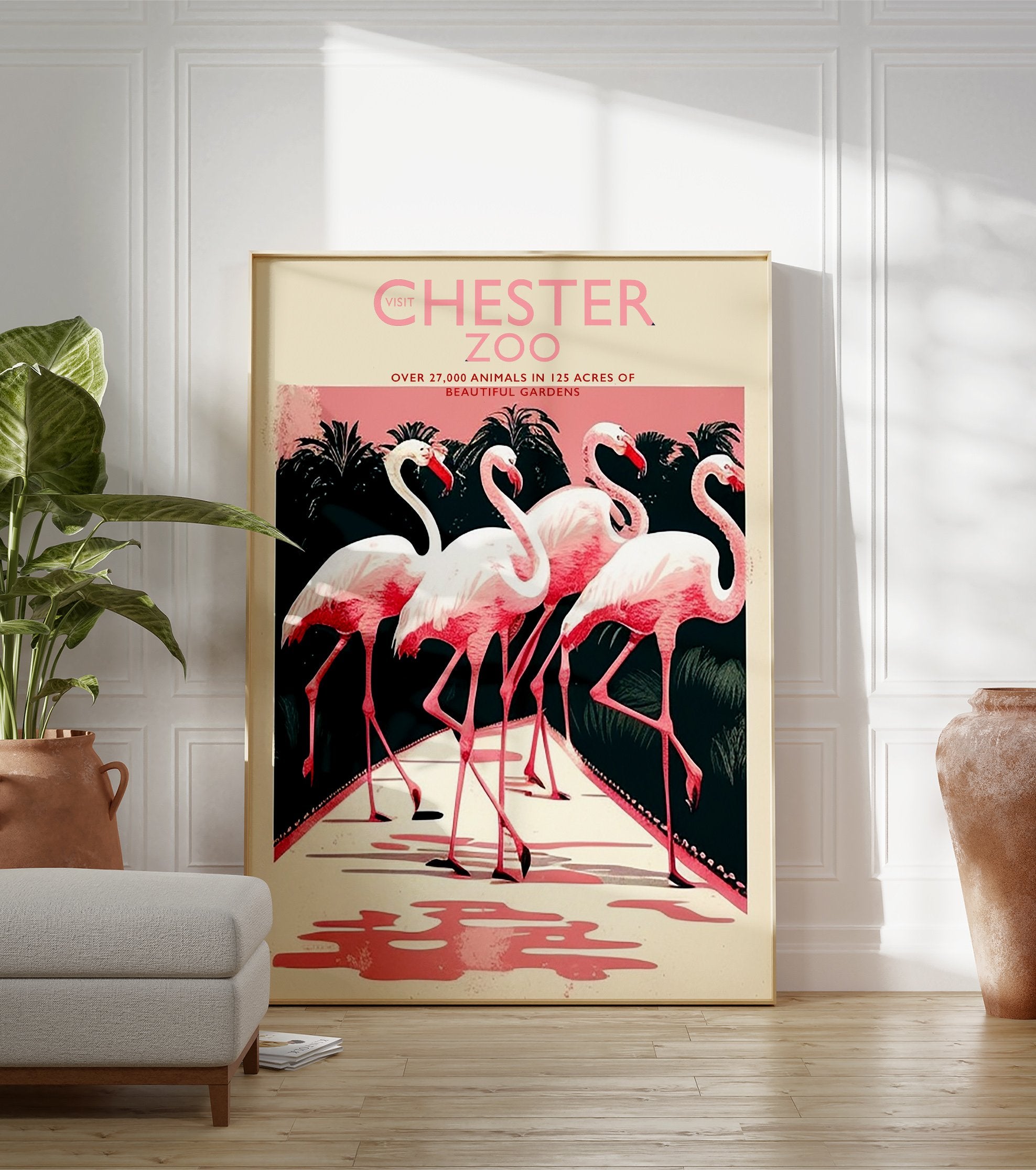 Chester Zoo poster with vintage illustration of four pink flamingos on a path with dark tropical foliage and a pink sky. - Image 3