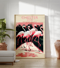 Chester Zoo poster with vintage illustration of four pink flamingos on a path with dark tropical foliage and a pink sky. - Image 3