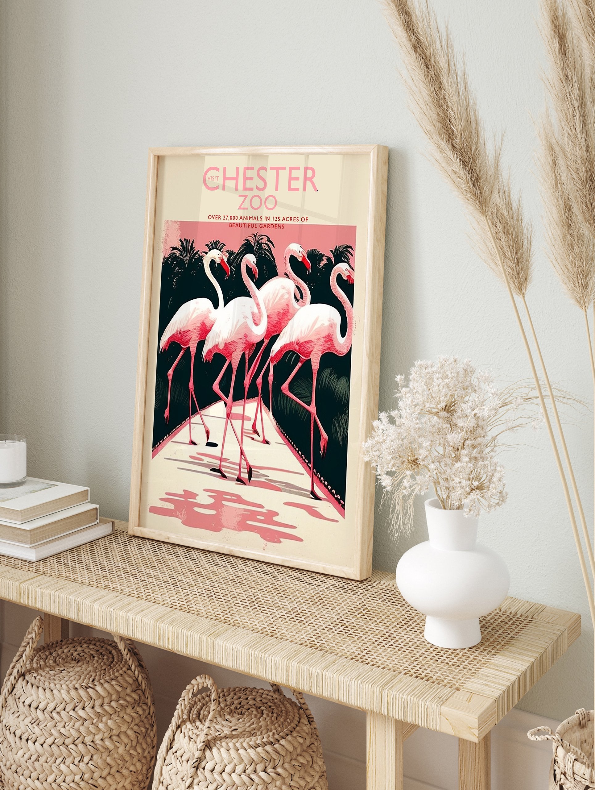 Chester Zoo poster with vintage illustration of four pink flamingos on a path with dark tropical foliage and a pink sky. - Image 4