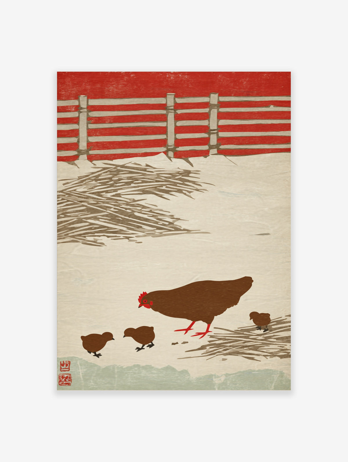 Brown hen and three chicks with red fence and straw, farm animal illustration print