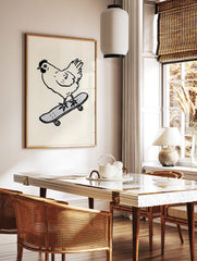 Monochrome illustration of a chicken riding a grey skateboard on a cream background. Quirky chicken skateboard wall art. - Image 2