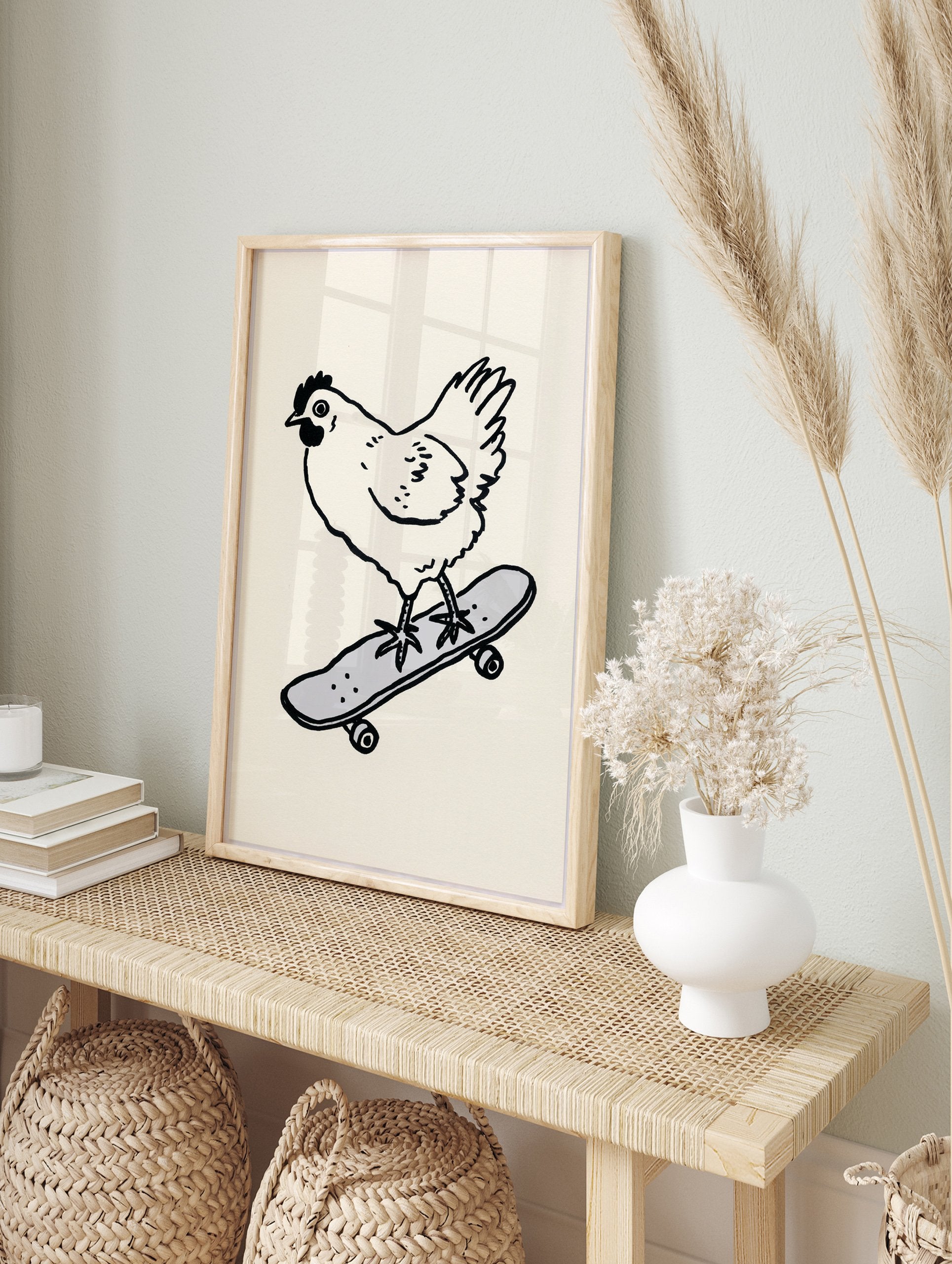 Monochrome illustration of a chicken riding a grey skateboard on a cream background. Quirky chicken skateboard wall art. - Image 3