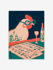 Illustrative woodcut print of a chicken with glasses, Japanese script papers, wine glass, and bottle on a dark teal table