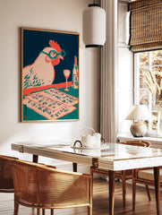 Illustrative woodcut print of a chicken with glasses, Japanese script papers, wine glass, and, in a styled room mockup