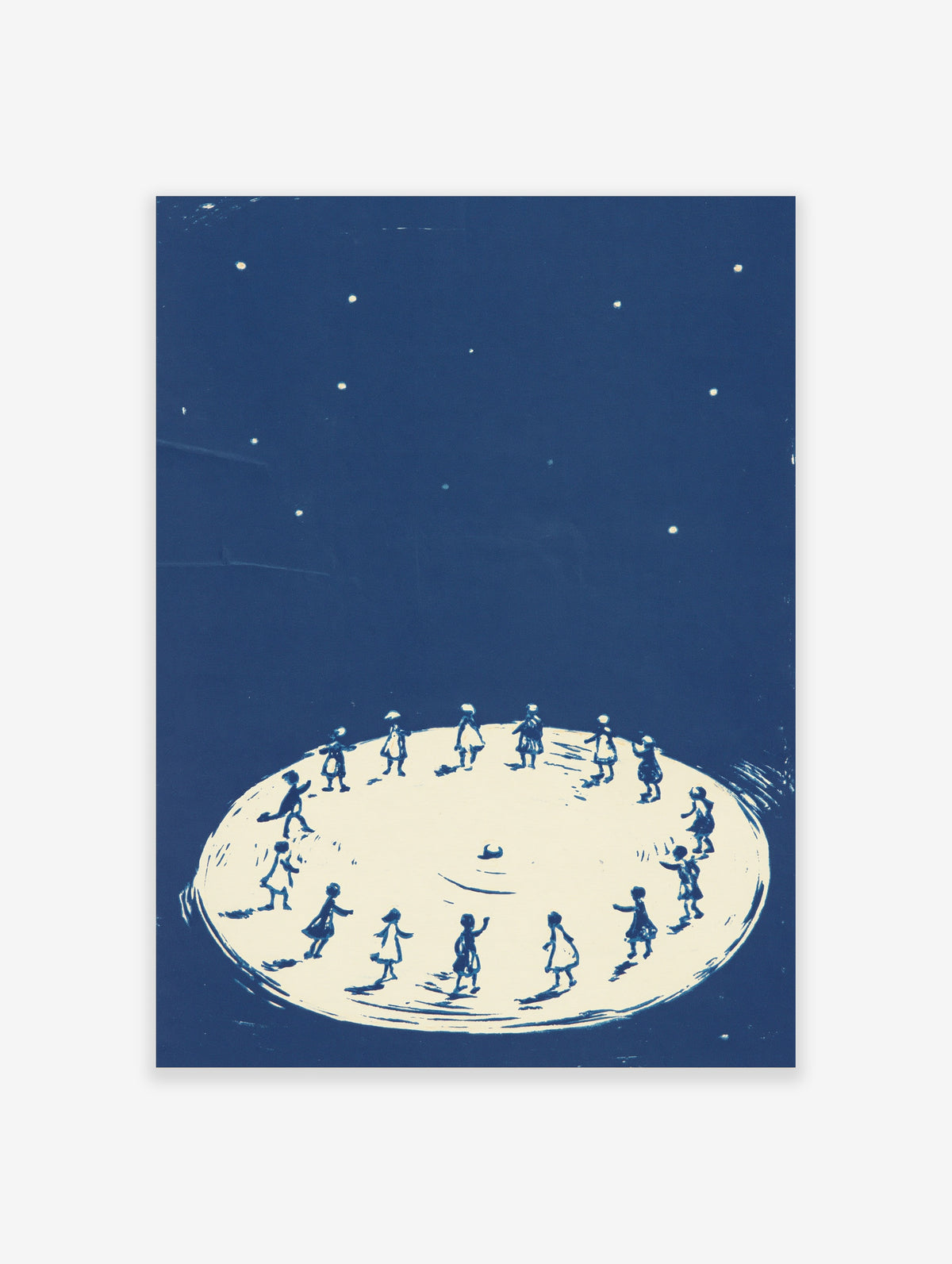 Children dancing in a circle silhouetted against a blue night sky with stars, white ground, paper print
