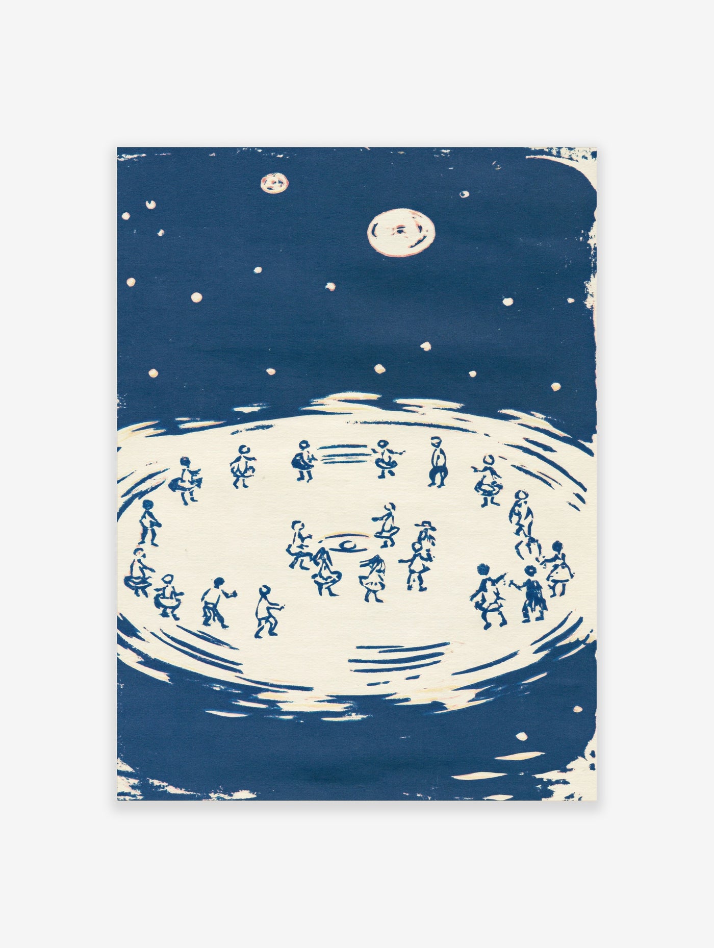 Children dancing in a circle under a full moon and stars in a blue night sky, block-print style wall art