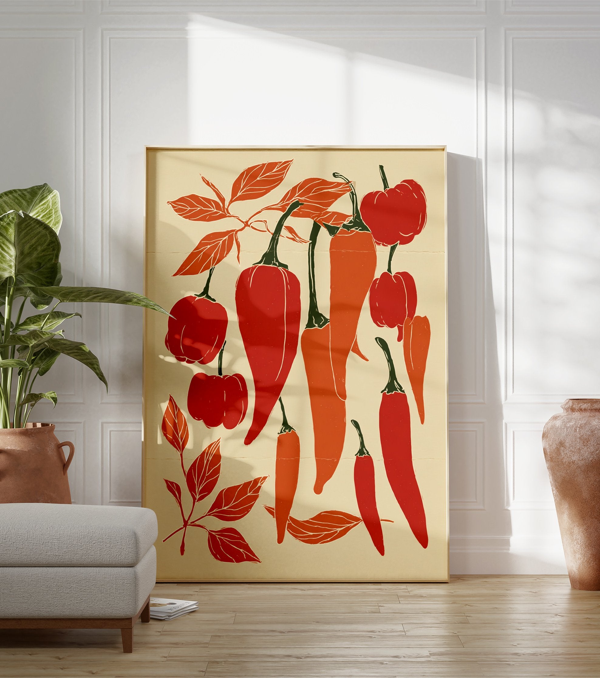 Chili pepper illustration poster featuring red and orange peppers with green stems and leaves on a light background. - Image 3