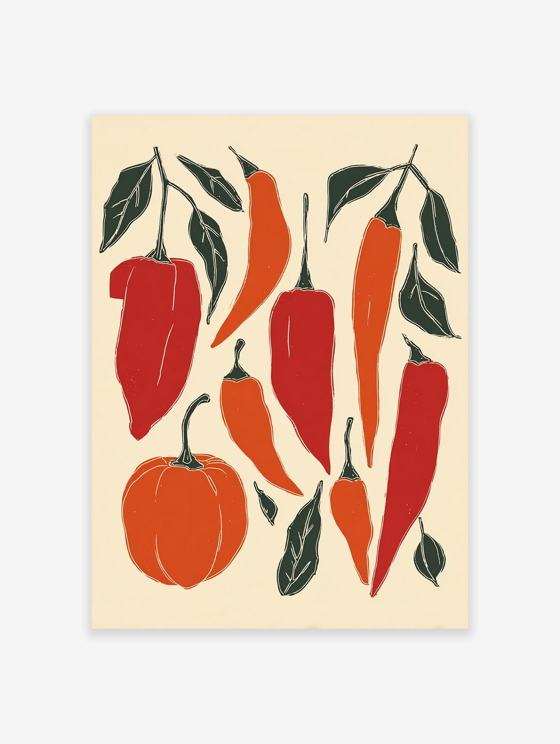 Chili pepper poster featuring red and orange peppers, a small pumpkin, and green leaves in an illustrative style on a cream background.